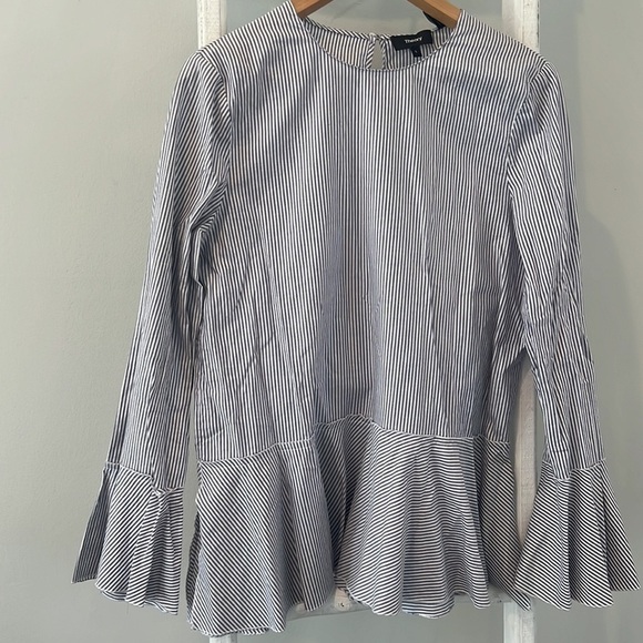 Theory pinstripe Lexandra peplum ruffle long sleeve tunic large - Picture 2 of 9